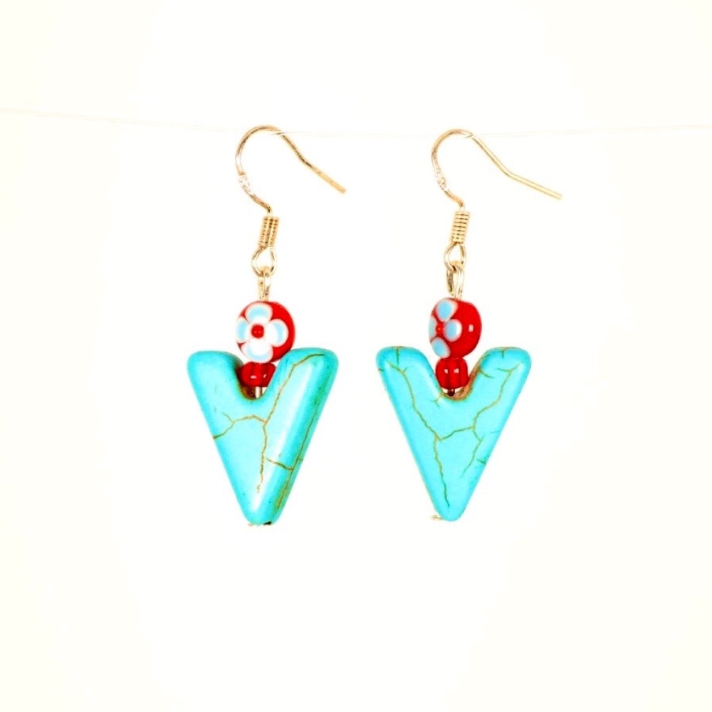 Aqua Down Arrow with Red Flower Planter Earrings